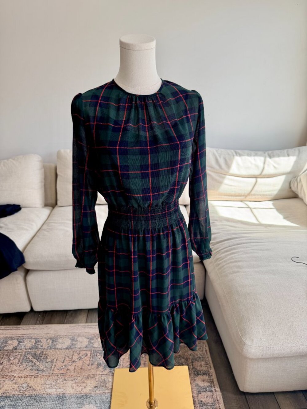 J.Crew Green Navy Plaid Mini Dress XXS Long Sleeve Elastic Waist Preppy